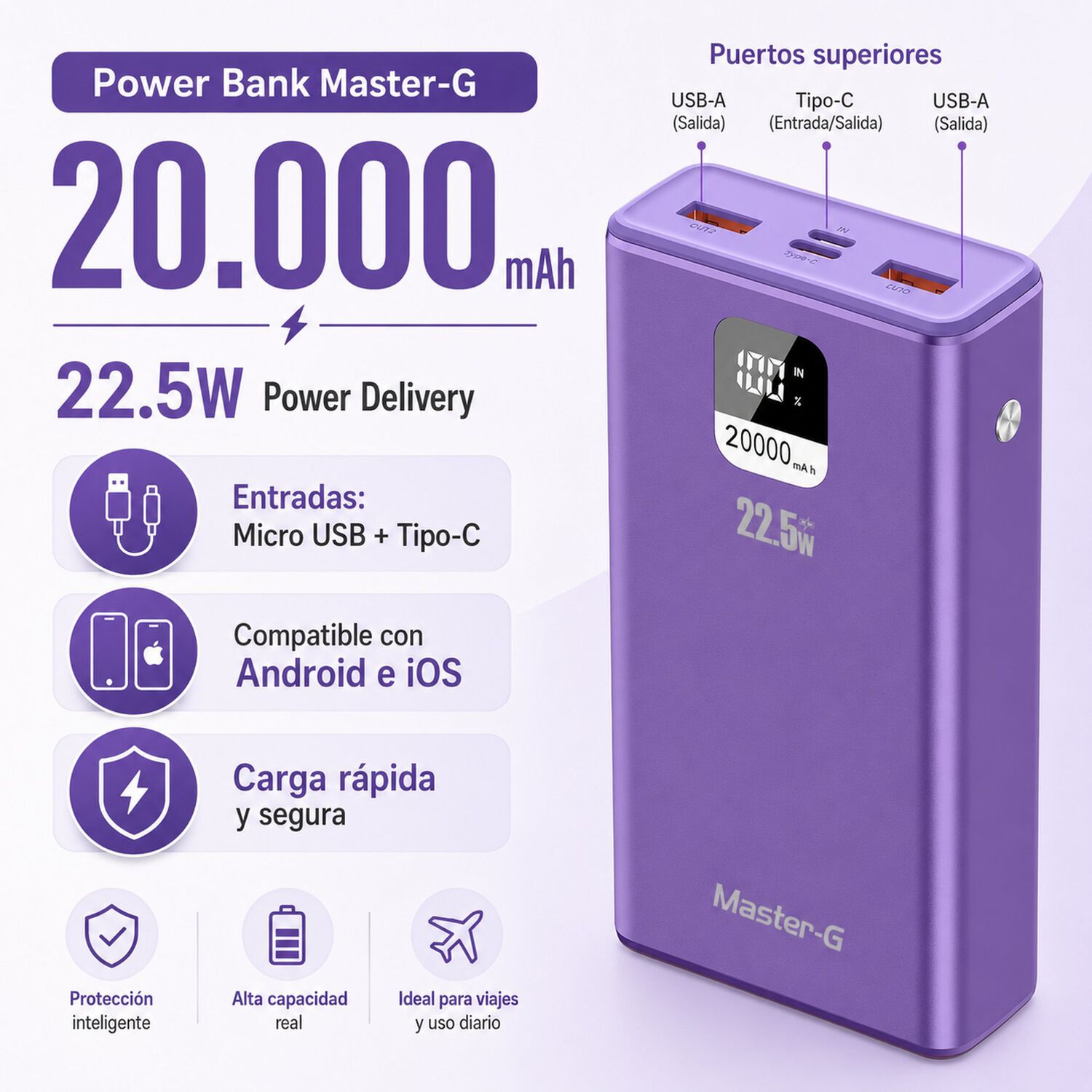 Bater&iacute;a Externa Power Bank 20000 Mah 22.5w Ucp20mpd Morada image number 2.0
